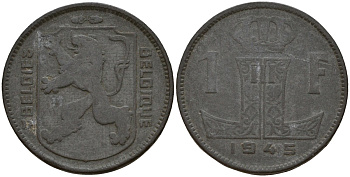 Бельгия 1 франк 1945 Belgie - Belgique, Леопольд III (1934-1947), германская оккупация, Вторая мировая война KM 128 цинк 4161-614