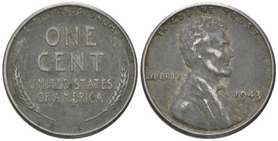 США 1 цент 1943 Авраам Линкольн KM 132 a сталь покрытая цинком 214-419