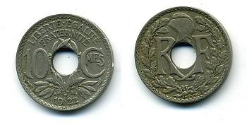 ФРАНЦИЯ 10 САНТИМОВ 1922 ТИП ЛИНДАЙЁ KM 866а медно-никель 84-328