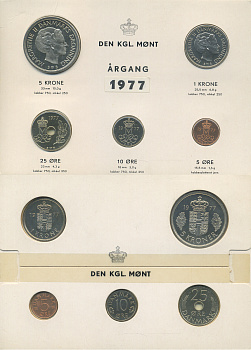 Дания набор из 5 монет 1977 официальный годовой набор мондвора, в оригинальном буклете KM 859.1, 860.1, 861.1, 862.1, 863.1 UNC 1-6-4-11