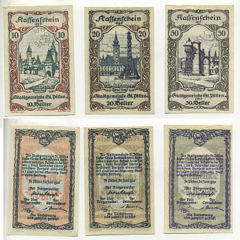 Австрия набор из 3 банкнот 1920 30 июня 1920-31 декабря 1920, нотгельд, 10, 20, 50 геллеров, ST. POLTEN   бумага  XF 7555-1-3-1