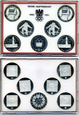 Австрия набор из 7 монет по 100 шиллингов 1974 олимпийские игры 1976 года в Инсбруке, два монетных двора , Вена (v) И Холл (h), в пластике и коробке KM 2926, 2927, 2928, 2929 серебро PROOF 3-4-8-21