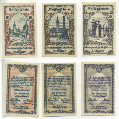 Австрия набор из 3 банкнот 1920 30 июня 1920-31 декабря 1920, нотгельд, 10, 20, 50 геллеров, ST. POLTEN   бумага  XF 7555-1-3-1
