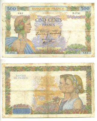 ФРАНЦИЯ 500 ФРАНКОВ 1940 19 ДЕКАБРЯ 1940 Pick 95a бумага 3295-125-1