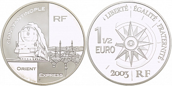 Франция 1 1/2 евро 2004 СЕРИЯ ТРАНСПОРТ, ВОСТОЧНЫЙ ЭКСПРЕСС, КОНСТАНТИНОПОЛЬ, ПАРОВОЗ, ТРАНС-СИБИРСКАЯ ЖЕЛЕЗНАЯ ДОРОГА KM 1380 серебро PROOF 02-226-43