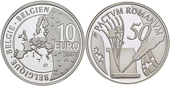 Бельгия 10 евро 2007 50 лет Римскому договору KM 260 серебро PROOF 02-040-35