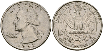 США 25 центов (квотер) 1993 P, Вашингтон KM А164а медь плакированная медно-никелем 183-243