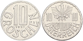 Австрия 10 грошей 1997 KM 2878 алюминий 4152-516