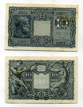 Италия 10 лир 1944 BoLaffi, Simoneschi Pick 32b, Grapanzano BS 48 бумага 000-00-00