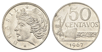 Бразилия 50 сентаво 1967 год-тип KM 580 никель латунь 4663-531