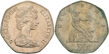 Великобритания 50 пенсов 1981 Елизавета II (1952-2022) KM 913, Spink 4223 (H1) медно-никель 4117-942