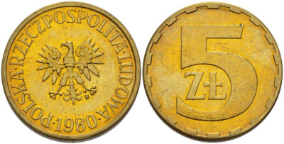 ПОЛЬША 5 ЗЛОТЫХ 1980 MW KM 81.1 латунь UNC 89-735