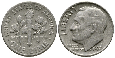 США 10 ЦЕНТОВ = 1 ДАЙМ 1972 РУЗВЕЛЬТ KM 195а медь плакированная медно-никелем 73-647