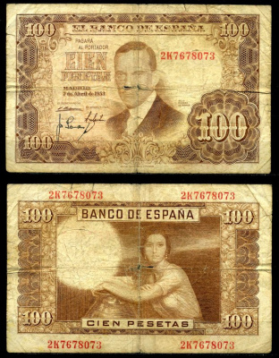 Испания 100 песет 1953 7 апреля 1953, Хулио Ромеро де Торрес Pick 145а бумага 8617-17-2-2