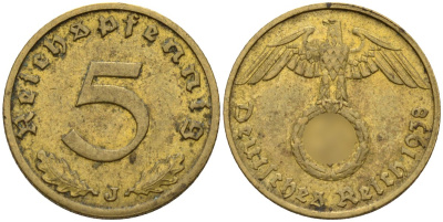 Германия 5 рейхспфеннигов 1938 J KM 91, J. 363 алюминиевая бронза 4151-859