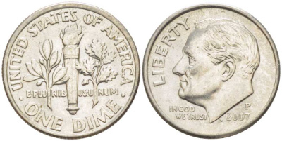 США 10 ЦЕНТОВ = 1 ДАЙМ 2007 Р, РУЗВЕЛЬТ KM 195а медь плакированная медно-никелем 211-1146