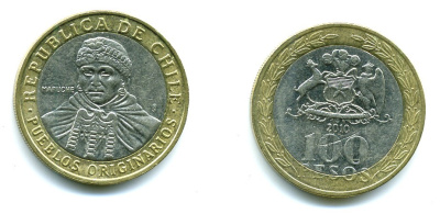 Чили 100 песо 2010 индейцы Мапуче KM 236 биметалл 41-112