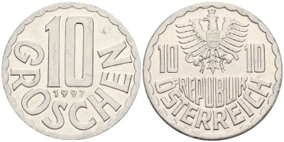 Австрия 10 грошей 1997 KM 2878 алюминий 4152-516