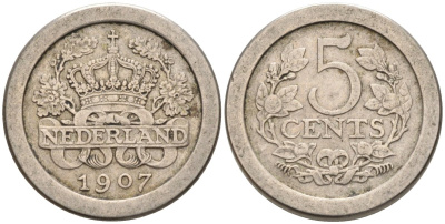 Нидерланды 5 центов 1907 Вильгельмина (1890-1948) KM 137 медно-никель 4576-764
