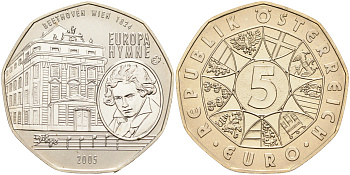 Австрия 5 евро 2005 10 лет вступления Австрии в ЕС, Бетховен, гимн ЕС KM 3120 серебро UNC 06-281-33