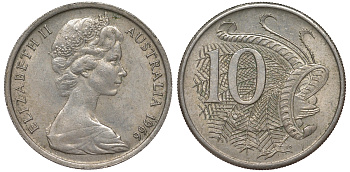 Австралия 10 центов 1966 Елизавета II (1952-), птица лирахвост KM 65 медно-никель 62-1137