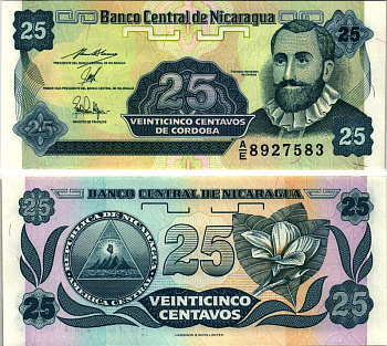 Никарагуа 25 сентаво 1991 Франсиско Эрнандес де Кордоба Pick 170 a бумага UNC (пресс) 8615-41-3-2