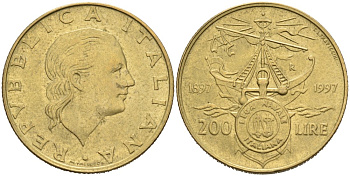 Италия 200 лир 1997 R, 100 ЛЕТ ИТАЛЬЯНСКОЙ МОРСКОЙ ЛИГЕ (1897-1997) KM 186 алюминиевая бронза 4573-826