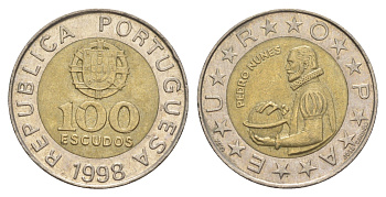 Португалия 100 эскудо 1998 Педру Нуниш (1502-1578), математик KM 645 биметалл 4391-524