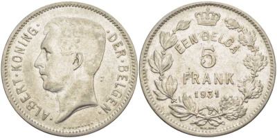 БЕЛЬГИЯ 5 ФРАНКОВ 1931 АЛЬБЕРТ I, DER BELGEN KM 98 никель 3851-346