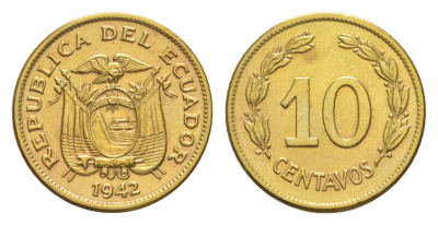 Эквадор 10 сентаво 1942 KM 76a латунь 1528-1424