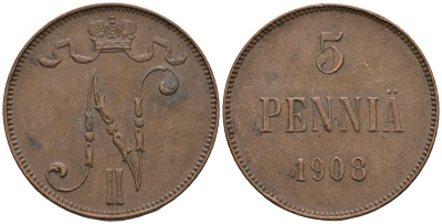 Россия для Финляндии 5 пенни 1908 Николай II (1894-1917) KM 15, Биткин 449 медь 259-1144