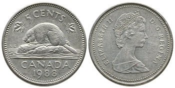 КАНАДА 5 ЦЕНТОВ 1988 ЕЛИЗАВЕТА II, БОБЕР KM 60.2а медно-никель 4364-2613