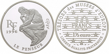 Франция 10 франков = 1 1/2 евро 1996 серия сокровища музеев Европы, “Мыслитель” Огюста Родена KM 1124 серебро PROOF 1068-4-53