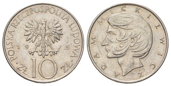 Польша 10 злотых 1975 Адам Мицкевич Y 74 медно-никель aUNC 4628-1011