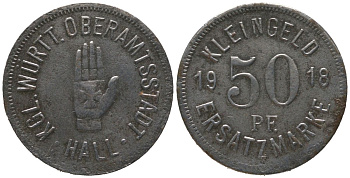 Швебиш-Халль (Вюртемберг) 50 пфеннигов 1918 Funck 186.9, Men05 10238.9, Men18 12736.9 железо 4597-533