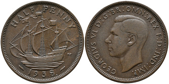 Великобритания 1/2 пенни 1938 Георг VI (1936-1952) KM 844, Spink 4115 56-1231