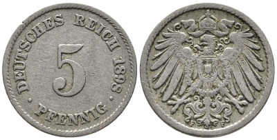ГЕРМАНИЯ 5 ПФЕННИГОВ 1898 F KM 11, J. 12 медно-никель 39-731