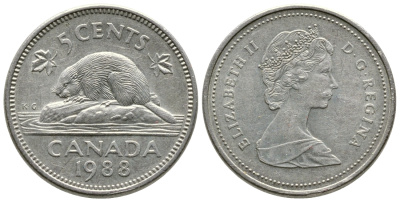 КАНАДА 5 ЦЕНТОВ 1988 ЕЛИЗАВЕТА II, БОБЕР KM 60.2а медно-никель 4364-2613