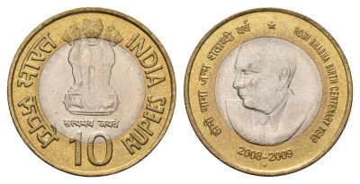 Индия 10 рупий 2009 100 лет со дня рождения Хоми Бабы KM 372 биметалл UNC 4656-836
