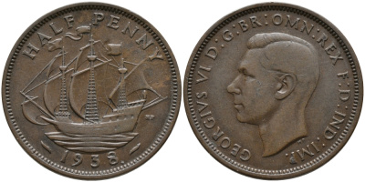 Великобритания 1/2 пенни 1938 Георг VI (1936-1952) KM 844, Spink 4115 56-1231