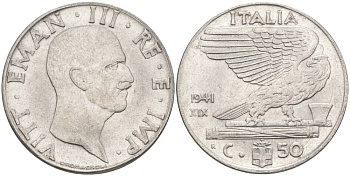 ИТАЛИЯ 50 ЧЕНТЕЗИМО 1941 R, ГОД XIX, ВИКТОР ЭММАНУИЛ III (1900-1946) KM 76b, VEM3. 1063 нержавеющая сталь 3853-322