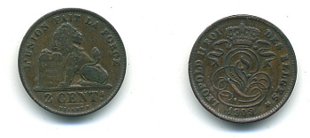 БЕЛЬГИЯ 2 САНТИМА 1909 BELGES KM 35.1 медь 84-225