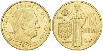 Монако 10 сантимов 1976 Ренье III (1949-2005) KM 142 алюминиевая бронза 73-154