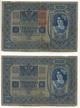 АВСТРИЯ 1000 КРОН 1919 КРАСНАЯ ВЕРТИКАЛЬНАЯ НАДПЕЧАТКА НА 1902 Pick 59 бумага 7217-49-1