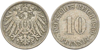 ГЕРМАНИЯ 10 ПФЕННИГОВ 1899 F KM 12, J. 13 медно-никель 4401-1055