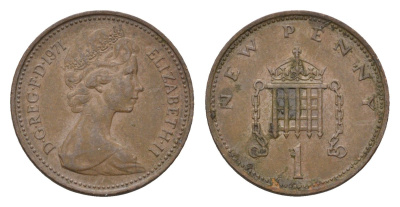 Великобритания 1 пенни 1971 Елизавета II (1952-2022) KM 915, Spink 4237 (B1) бронза 4674-426