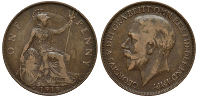 Великобритания 1 пенни 1919 H Георг V (1910-1932) KM 810, Spink 4052 бронза 1524-521