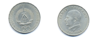 ГДР 20 марок 1971 A, 85 лет со дня рождения Эрнста Тельмана KM 34, J. 1535 медно-никель 3333-633