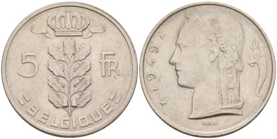 Бельгия 5 франков 1949 Леопольд III (1934-1950), Belgique KM 134.1 медно-никель 4592-935