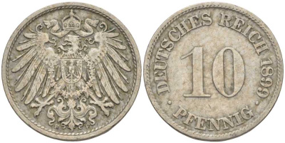 ГЕРМАНИЯ 10 ПФЕННИГОВ 1899 F KM 12, J. 13 медно-никель 4401-1055